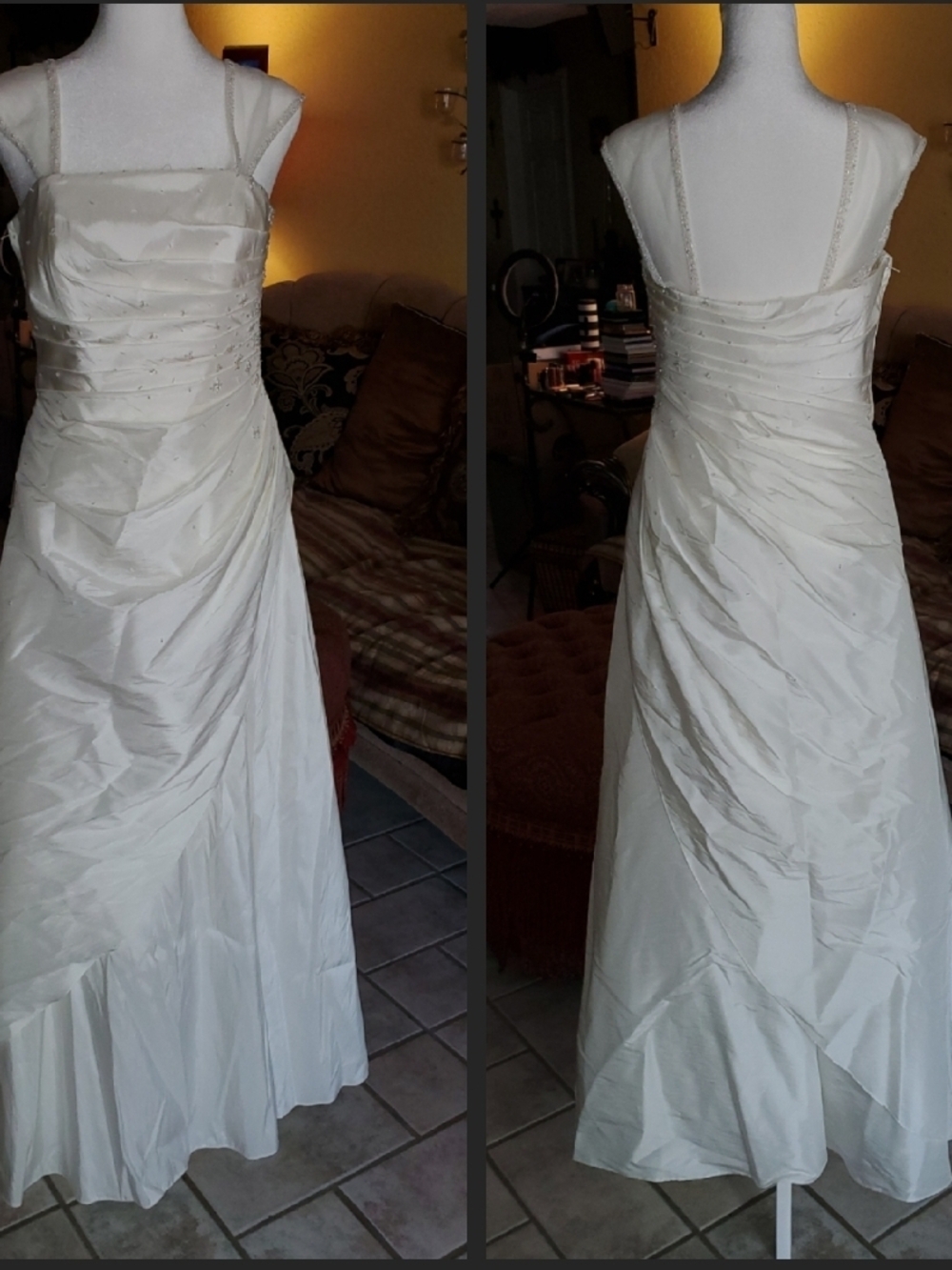David's Bridal Ivory Ruched A-Line Wedding Dress with Beaded Straps